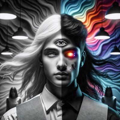 The primary subject of the image is a man with a strange, glowing eye. He is wearing a white shirt and a tie, and his hair is blowing in the wind. The setting is a room with multiple hanging lights, creating a unique atmosphere. The visual style is a combination of digital art and illustration, giving the image a surreal and intriguing appearance. The dominant colors are white, black, and a mix of bright and dark hues, contributing to the overall mood of the image.